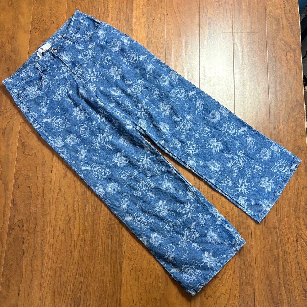 Flying Angel Floral Wide Leg Jeans Blue White Rose Print Size 7/28 boho indie